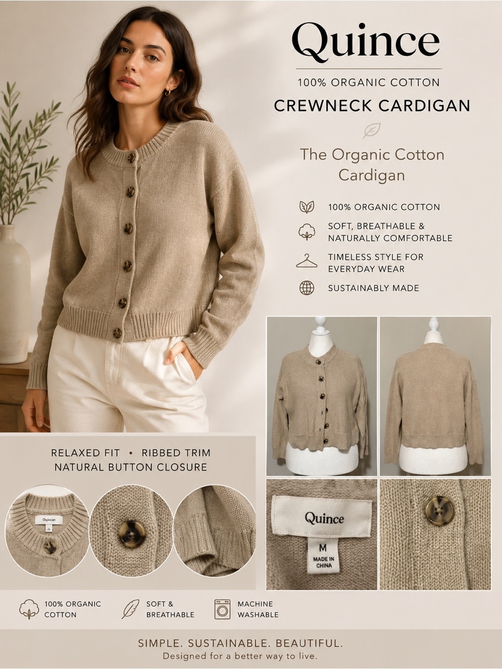 Quince Crewneck Cardigan — Taupe